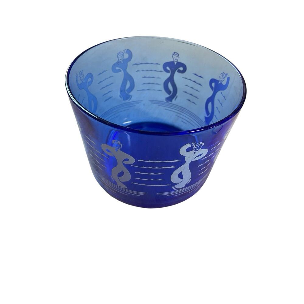 VTG 1930’s Hazel-Atlas Blue Glass Dancing Sailors Ice Bucket Barware Rare Bowl